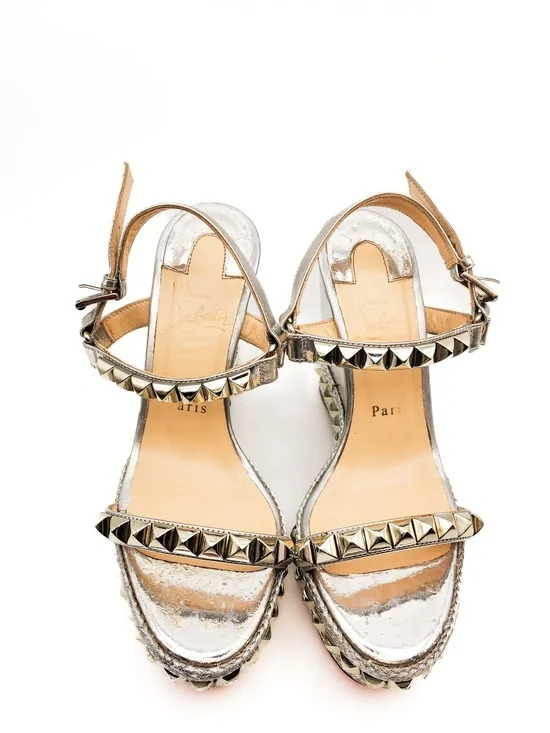 Christian Louboutin Metallic Silver Studded Espadrille Platform Sandals EU 38 - Picture 4 of 9